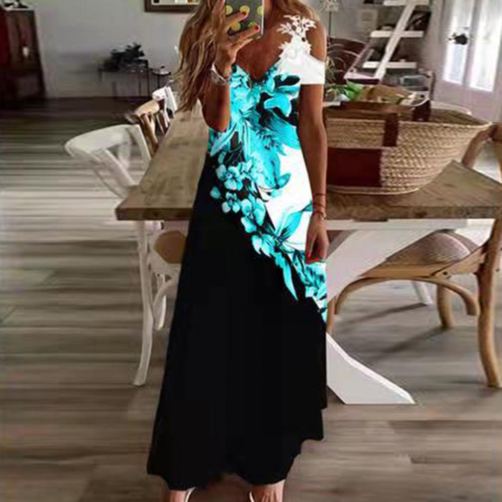 Robe Longue Noir Fleur Bleu Femme