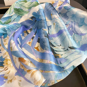 Carré 100% Soie Décoration Fleur Bleu Femme